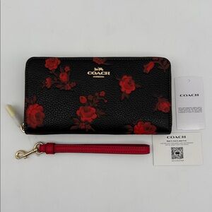 Coach Long Zip Around Wallet With Floral Print Black Red Gold